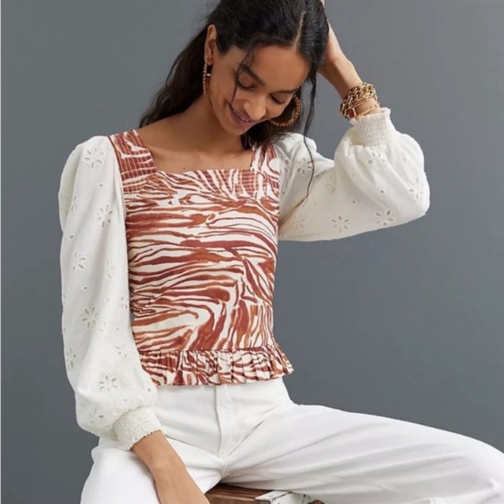 Anthro. Love the Label Smocked Zebra Blouse with Eyelet Puff Sleeves, M - Picture 3 of 15